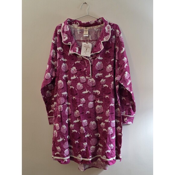 munki munki Other - Munki Munki Purple Knitting Cat Flannel Sleep Shirt Mid Thigh 3X Plus Cotton